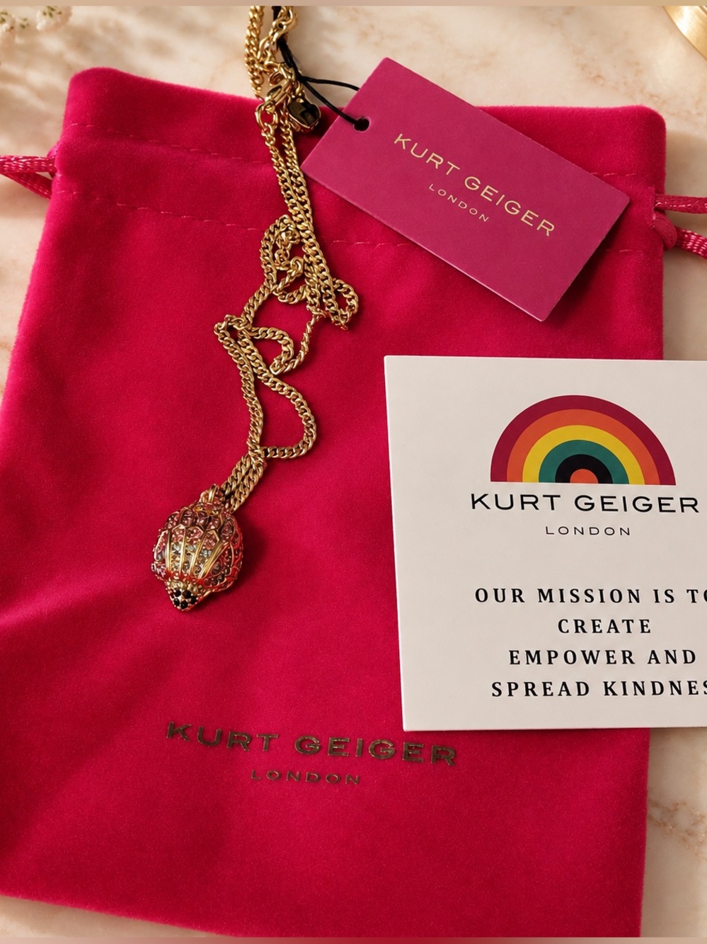 Kurt Geiger Gold Chain Necklace with Pink Pouch